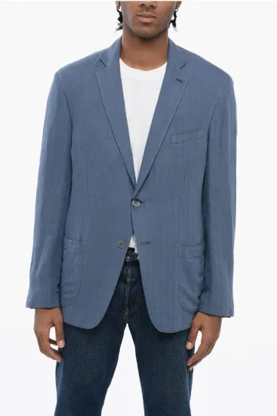 Corneliani Id Herringbone Linen Blend Blazer In Blue