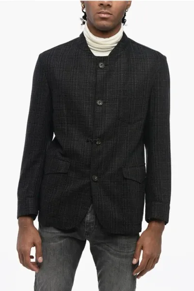 Corneliani Id Mandarin Collar Silk Blazer With Patch Flap Pockets In Black