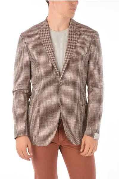 Corneliani Virgin Wool Silk Gate Blazer With Houndstooth Pattern In Brown