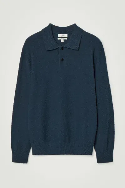 Cos Bouclé-knit Long-sleeved Polo Shirt In Blue