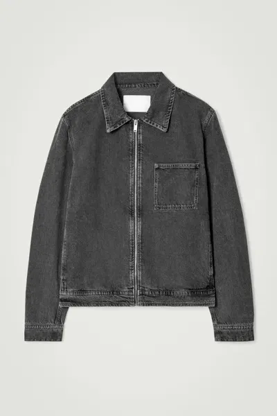 Cos Boxy Denim Zip-up Jacket In Black