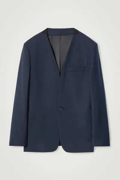 Cos Collarless Wool-blend Blazer - Regular In Blue