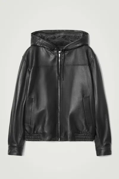 Cos Hooded Leather Bomber Jacket In Black