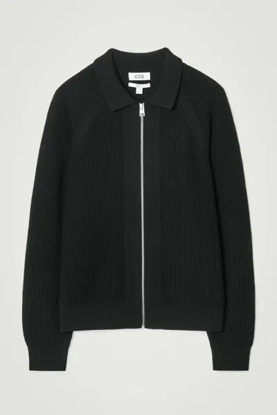 Cos Waffle-knit Merino Wool Bomber Jakcet In Black