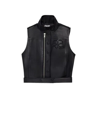 Courrèges Logo-embossed Zip-up Leather Gilet In Black