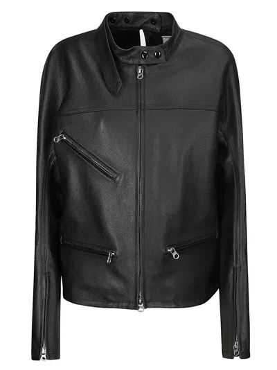 Courrèges Racer Buckle Leather Biker Jacket In Black