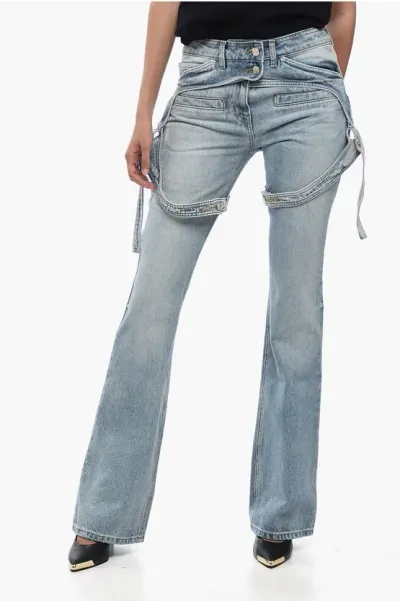 Courrèges Solid Color Racer Bootcut Jeans With Adjustable Chaps Straps In Blue