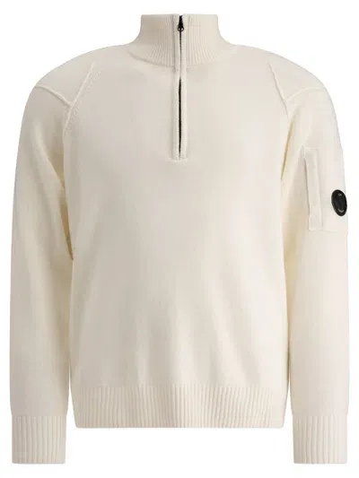 C.p. Company Half Zip Sweater With "lens" Detail In Neutral