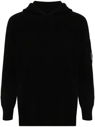 C.p. Company Lens-detail Knitted Wool-blend Hoodie In Schwarz