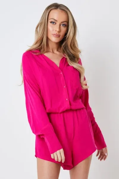 Creea The Label Button-up Long Sleeve Romper In Pink