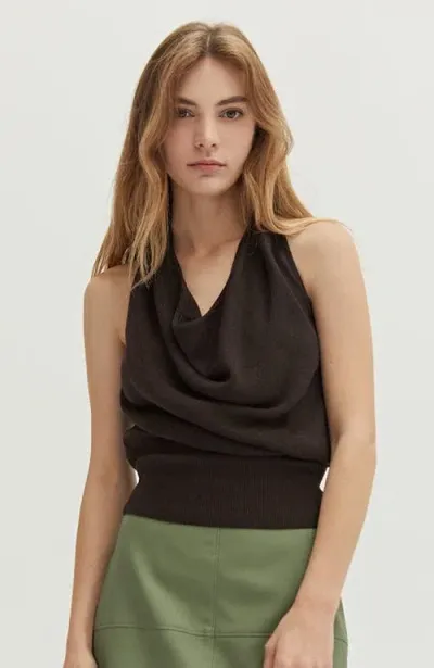 Crescent Cowl Neck Halter Knit Top In Espresso