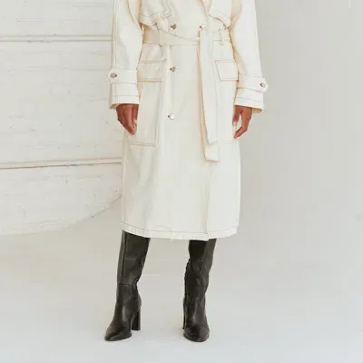 Crescent Denim Long Trench Coat In Cream