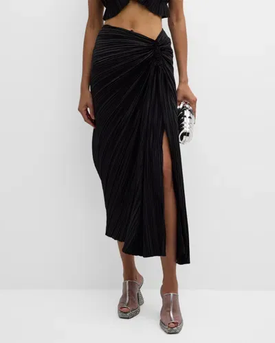 Cult Gaia Sonoma Pleated Satin Midi Slit Skirt In Black