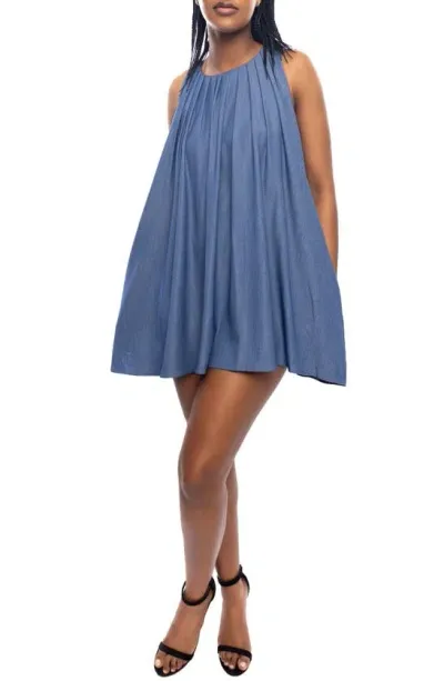 Dai Moda Sleeveless Stretch Chambray Trapeze Minidress In Blue