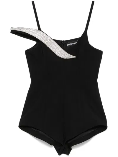 David Koma Crystal Feather-appliqué Playsuit In Black