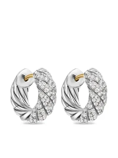 David Yurman Sculpted Cable Diamond Hoop Earrings In Silver