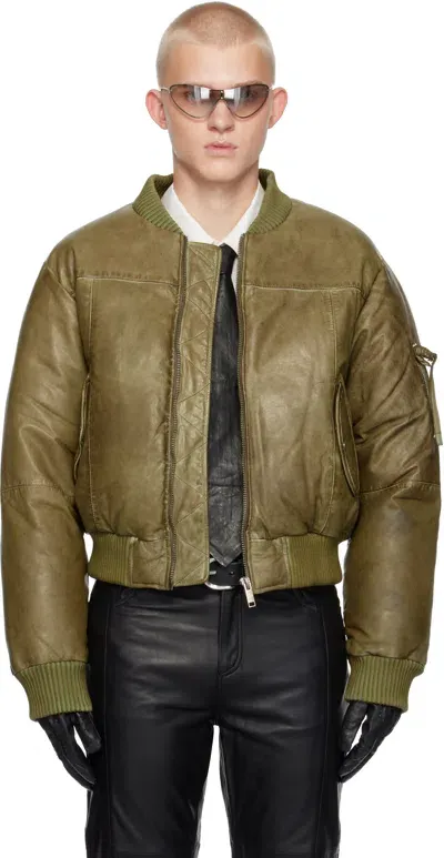 Deadwood Khaki Bofinger Padded Leather Bomber Jacket In Olive