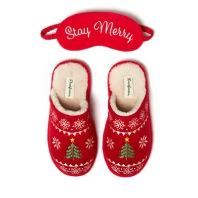 Dearfoams Women's Novelty Christmas Knit Scuff Slipper And Eyemask Gift Set In Red