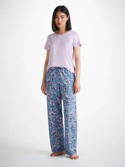 Derek Rose Women's Lounge Trousers Cotton Batiste Blue Wildflower Print