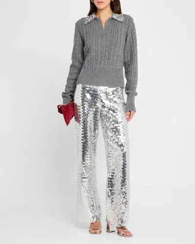 Des Phemmes Embellished Cable-knit Polo Sweater In Iron Grey