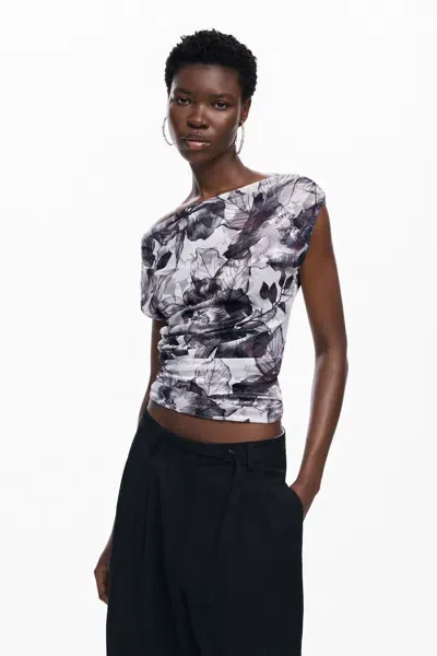 Desigual Asymmetric Floral T-shirt In Black