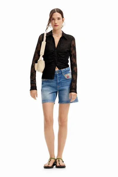 Desigual Embroidered Denim Shorts. In Blue