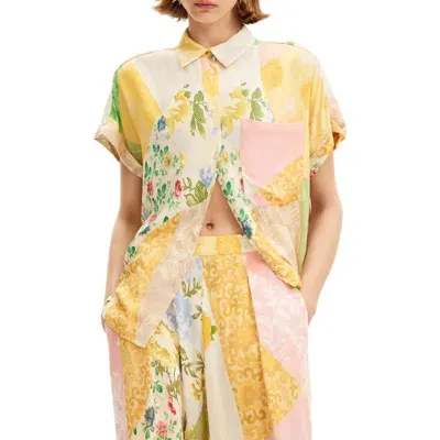 Desigual Floral Patchwork Print Short Sleeve Button-up Shirt In Yellow Mix