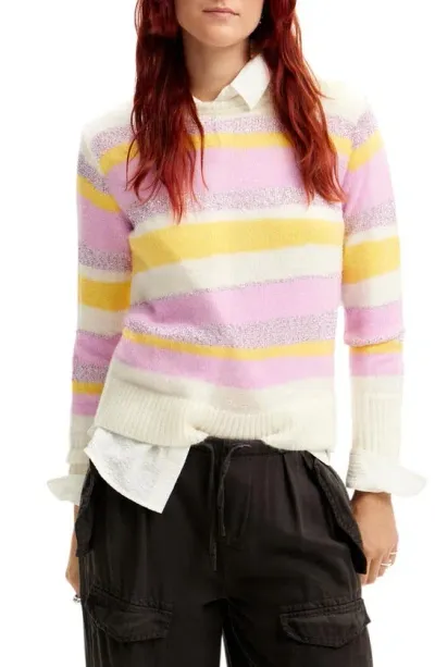 Desigual Jers Maka Stripe Crewneck Sweater In White