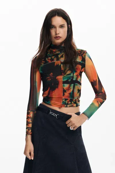 Desigual Printed Tulle T-shirt In Orange