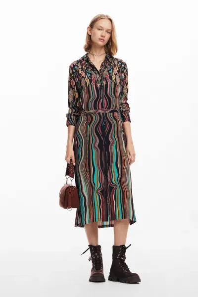 Desigual Shirt-style Midi Dress In Material Finishes