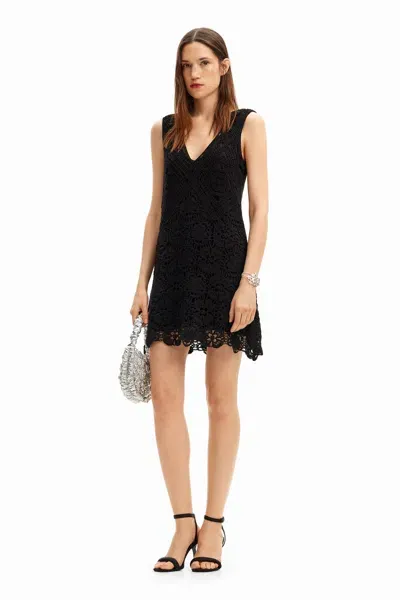 Desigual Short Crochet Dress In Black