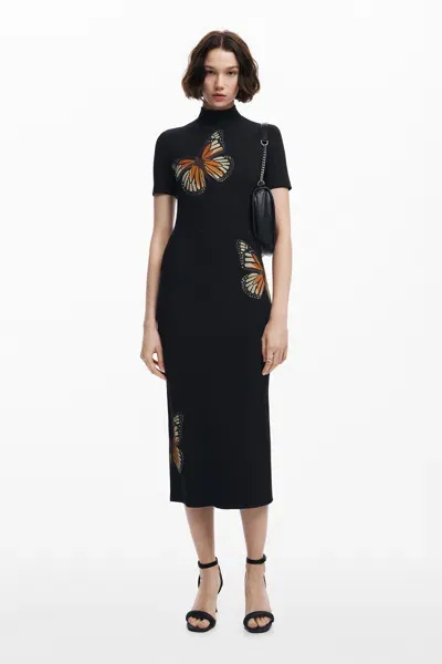 Desigual Slim Midi Butterfly Dress In Black