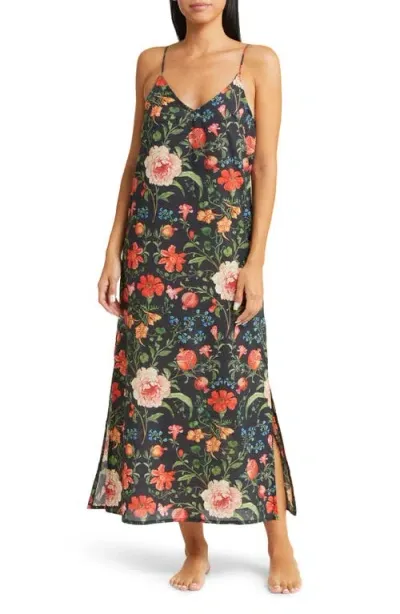 Desmond & Dempsey Floral Cotton Nightgown In Persephone Black