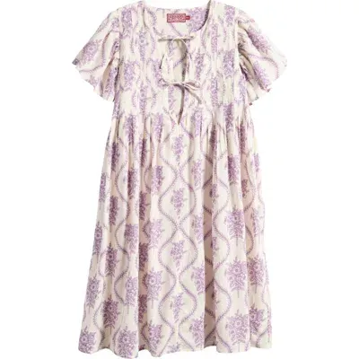 Desmond & Dempsey Pleated Flutter Sleeve Cotton Nightgown In Alpen Flora Cream/violet