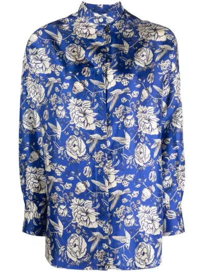 Destin Floral Print Silk Shirt In Blue