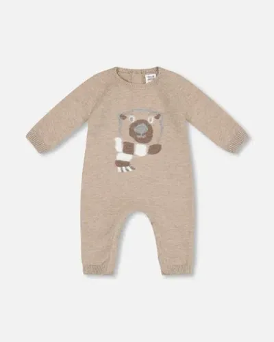 Deux Par Deux Baby Boy's Knitted Bear Jacquard Jumpsuit Sand In Sesame