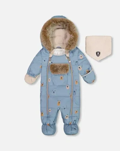 Deux Par Deux Baby Boy's One Piece Baby Snowsuit Blue Bears Designed For Car Seat In Printed Blue Bears