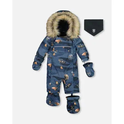 Deux Par Deux Baby Boy's One Piece Baby Snowsuit Navy Printed Mountains Animals Designed For Car Sea