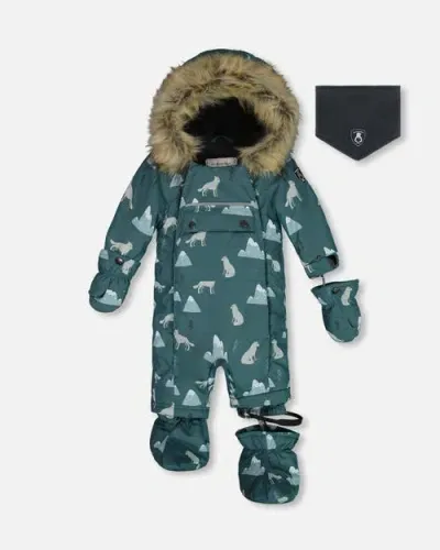 Deux Par Deux Baby Boy's One Piece Baby Snowsuit Sage Printed Wolves Designed For Car Seat