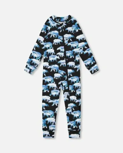 Deux Par Deux Baby Boy's One Piece Thermal Underwear Black Printed Polar Bears In Printed Bears