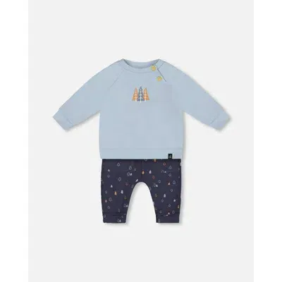 Deux Par Deux Baby Boy's Organic Cotton Top And Printed Muslin Pant Set Light Blue With Pine In Blue Fog