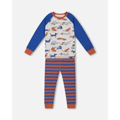 Deux Par Deux Baby Boy's Organic Cotton Two Piece Pajama Set Blue And Orange Stripe In Printed Stripe