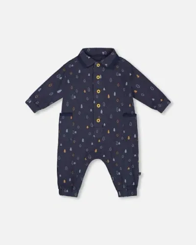 Deux Par Deux Baby Boy's Printed Muslin Jumpsuit Blue With Pine In Printed Blue Pine