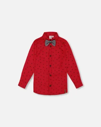 Deux Par Deux Baby Boy's Printed Reindeer Poplin Shirt With Bow Tie Red In Jester Red