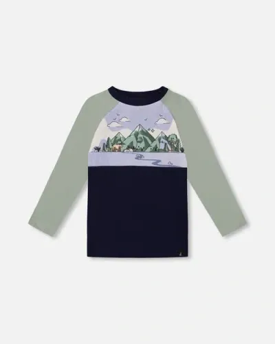 Deux Par Deux Baby Boy's Raglan T-shirt With Print Sage And Navy In Jadeite