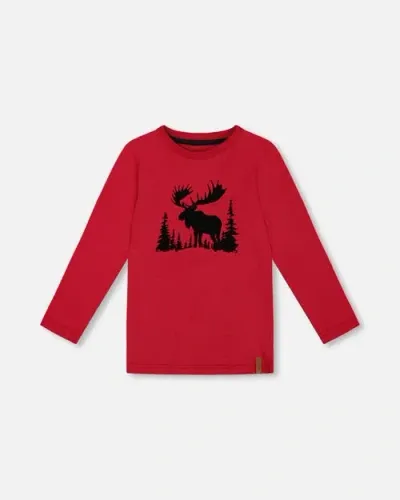 Deux Par Deux Baby Boy's T-shirt Red With Moose Print In Jester Red