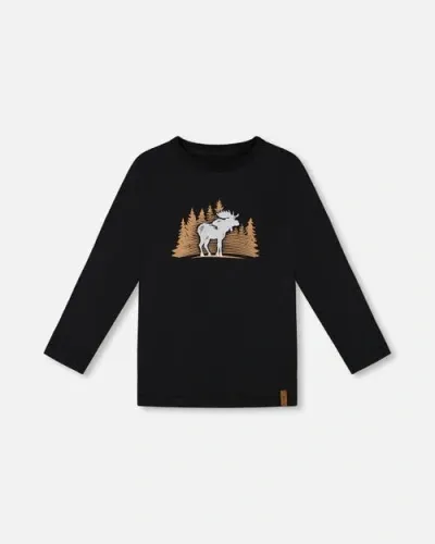 Deux Par Deux Baby Boy's T-shirt With Moose Print Black In Anthracite