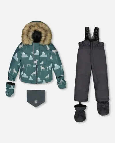 Deux Par Deux Baby Boy's Two Piece Baby Snowsuit Sage Printed Wolves And Dark Grey In Ebony