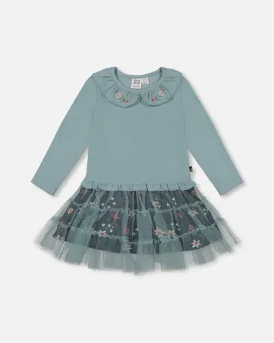 Deux Par Deux Baby Girl's Bi-material Dress With Mesh Skirt Teal Printed Flowers In Canton