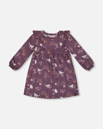 Deux Par Deux Baby Girl's Dress With Frills Mauve Printed Cats